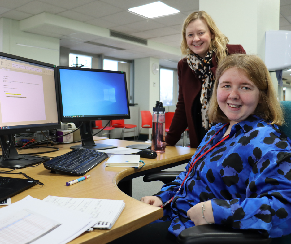 Jayne Bryant with Engage to Change participant in the Mckenzie House offices.