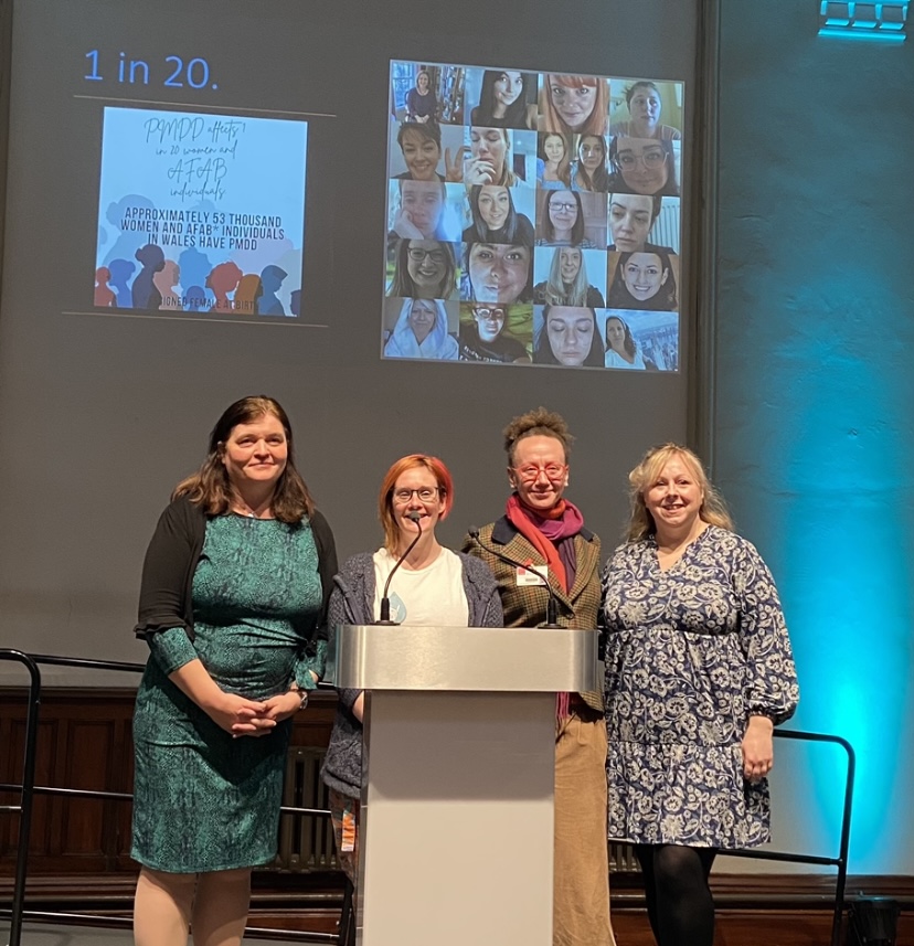 A photo of Sionedd Williams MS, Becci, Professor Arianna Di Florio, and Laura from IAPMD